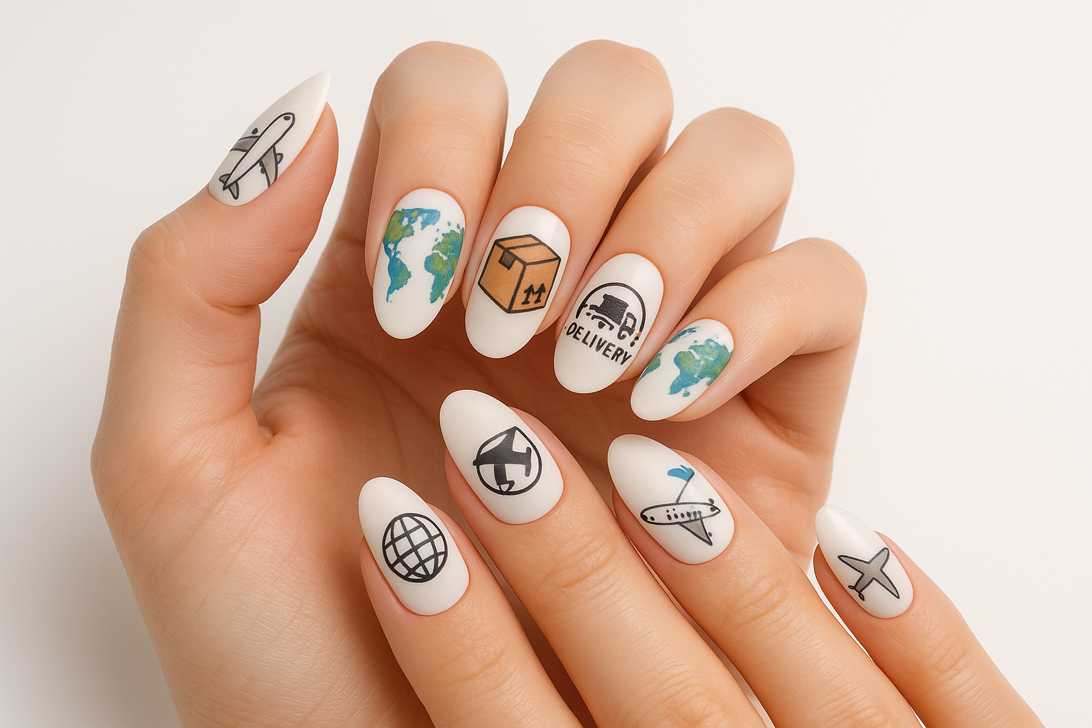 uñas press on con un avion simulando que se envian a todo el mundo
